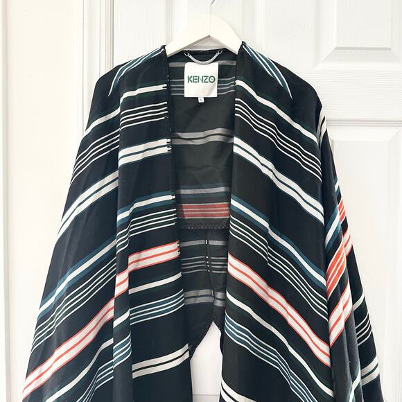 Kenzo RTW 2015 Black Orange White Serape Baja Stripe Wrap Cardigan Sweater Small - Picture 3 of 10